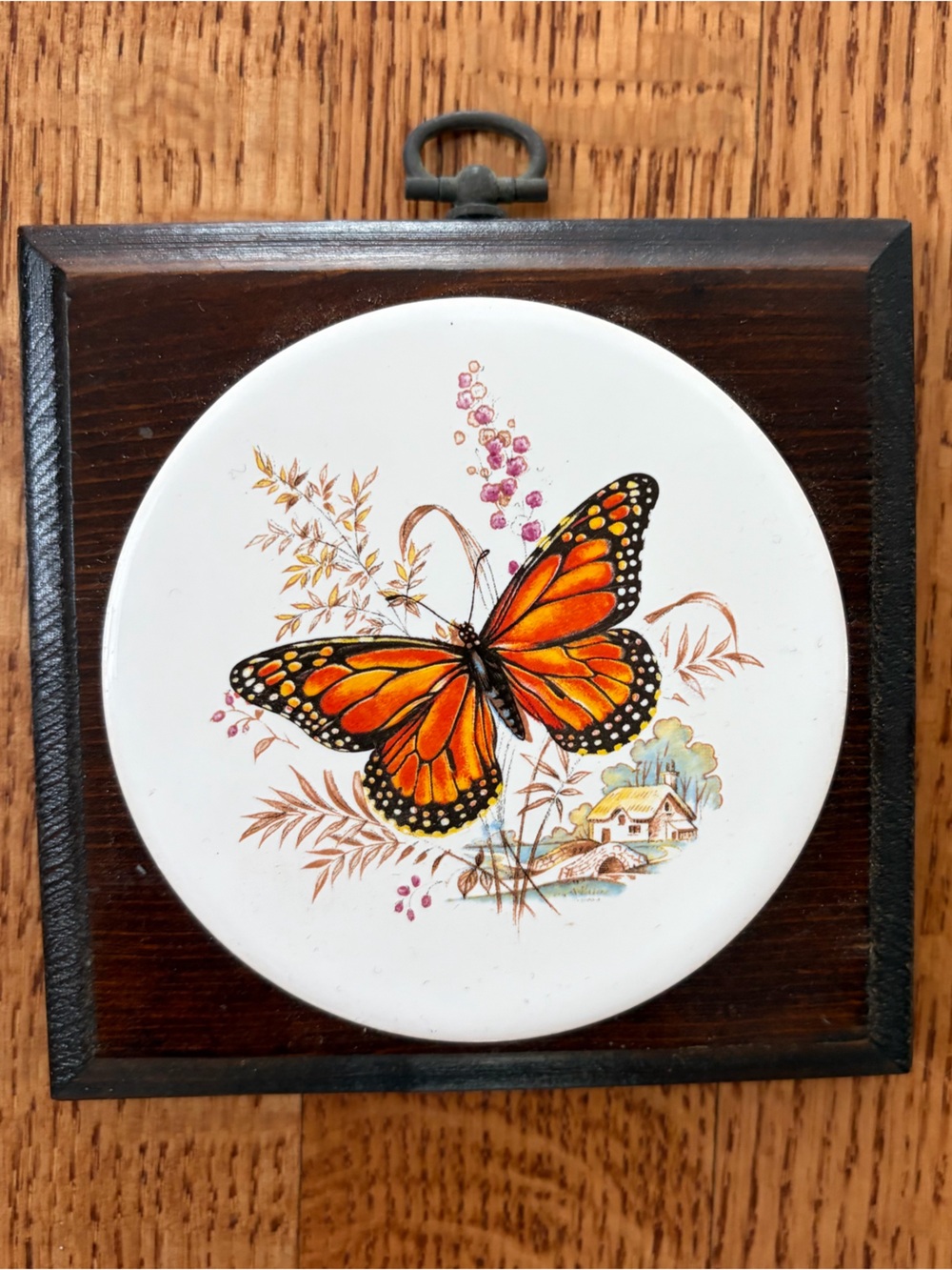 Vintage 1970s Ceramic Wall Plaque Art Butterfly Floral Wood Hanging Cottagecore